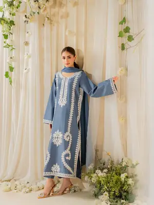 Stunning Embroidered Raw Silk Suit Set - 3 Pcs  thumbnail 2