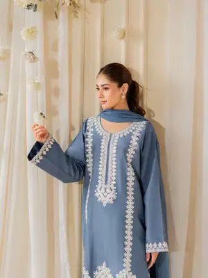 Stunning Embroidered Raw Silk Suit Set - 3 Pcs  thumbnail 4
