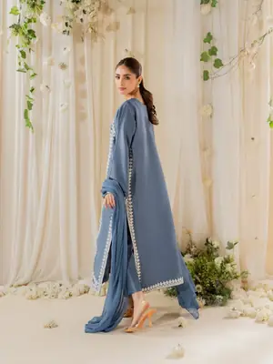 Stunning Embroidered Raw Silk Suit Set - 3 Pcs  thumbnail 6