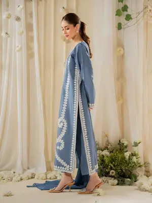 Stunning Embroidered Raw Silk Suit Set - 3 Pcs  thumbnail 7