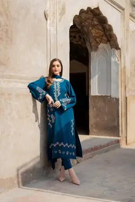 Exquisite Linen Embroidered Suit Set - 3 Pcs  thumbnail 2
