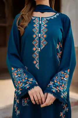 Exquisite Linen Embroidered Suit Set - 3 Pcs  thumbnail 3