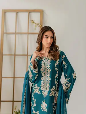 Stunning 3 Pcs Women's Stitched Suit with Embroidered Pattern thumbnail 1