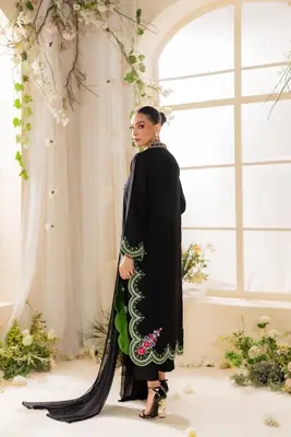 Stunning Black Embroidered Linen Suit - 3 Pcs Set thumbnail 1