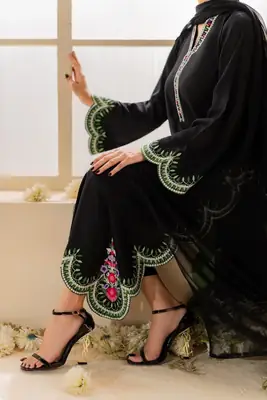 Stunning Black Embroidered Linen Suit - 3 Pcs Set thumbnail 2