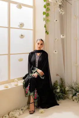 Stunning Black Embroidered Linen Suit - 3 Pcs Set thumbnail 3