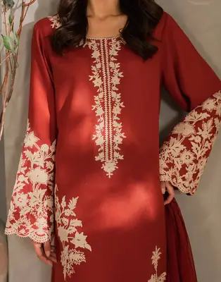 Exquisite Maroon Embroidered Linen Suit - 3 Pcs Set thumbnail 1
