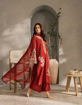 Exquisite Maroon Embroidered Linen Suit - 3 Pcs Set thumbnail 2