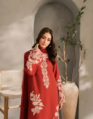 Exquisite Maroon Embroidered Linen Suit - 3 Pcs Set thumbnail 4