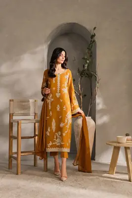 Chic Mustard Linen Embroidered Suit - 3 Pcs Set for Women's Fashion
