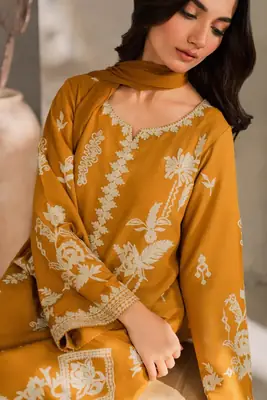 Chic Mustard Linen Embroidered Suit - 3 Pcs Set for Women's Fashion thumbnail 7