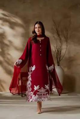 Elegant Maroon 3 Pcs Women's Stitched Linen Suit with Embroidered Detail