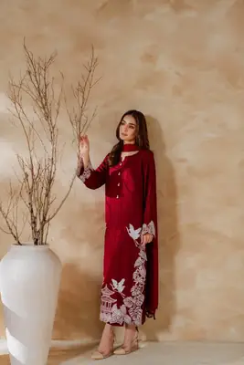 Elegant Maroon 3 Pcs Women's Stitched Linen Suit with Embroidered Detail thumbnail 4