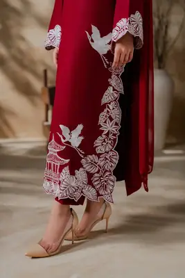 Elegant Maroon 3 Pcs Women's Stitched Linen Suit with Embroidered Detail thumbnail 5