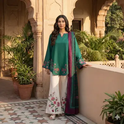 Stunning Printed Silk Suit - 3 Pcs Set in Green