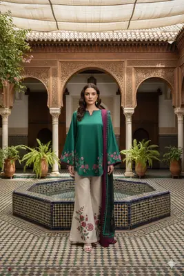 Stunning Printed Silk Suit - 3 Pcs Set in Green thumbnail 2