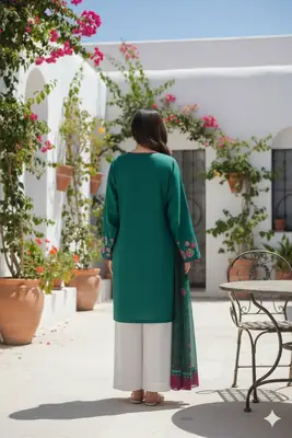 Stunning Printed Silk Suit - 3 Pcs Set in Green thumbnail 3