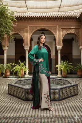 Stunning Printed Silk Suit - 3 Pcs Set in Green thumbnail 4