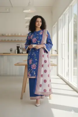 Stylish 3 Pcs Women's Stitched Suit in Blue Printed Lawn