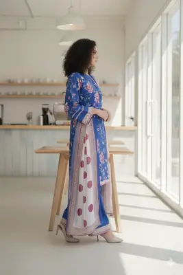 Stylish 3 Pcs Women's Stitched Suit in Blue Printed Lawn thumbnail 3