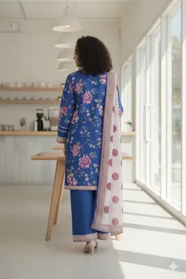 Stylish 3 Pcs Women's Stitched Suit in Blue Printed Lawn thumbnail 4