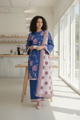 Stylish 3 Pcs Women's Stitched Suit in Blue Printed Lawn thumbnail 5