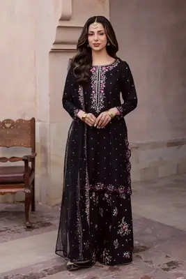 Elegant Black Embroidered Cotton Suit - 3 Pcs Set in Crinkle Chiffon