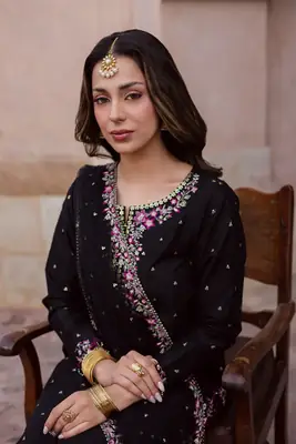 Elegant Black Embroidered Cotton Suit - 3 Pcs Set in Crinkle Chiffon thumbnail 2
