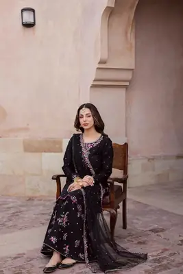 Elegant Black Embroidered Cotton Suit - 3 Pcs Set in Crinkle Chiffon thumbnail 3