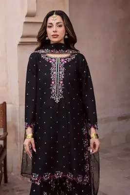 Elegant Black Embroidered Cotton Suit - 3 Pcs Set in Crinkle Chiffon thumbnail 4