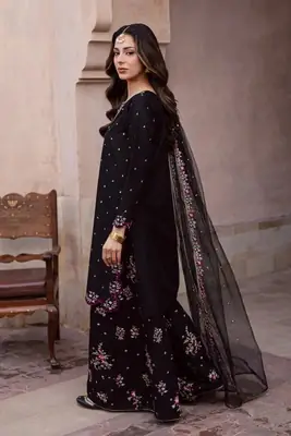 Elegant Black Embroidered Cotton Suit - 3 Pcs Set in Crinkle Chiffon thumbnail 5