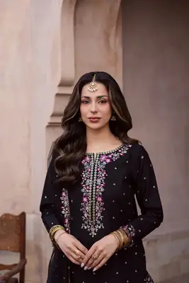 Elegant Black Embroidered Cotton Suit - 3 Pcs Set in Crinkle Chiffon thumbnail 6
