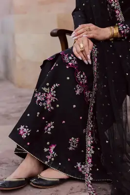 Elegant Black Embroidered Cotton Suit - 3 Pcs Set in Crinkle Chiffon thumbnail 8
