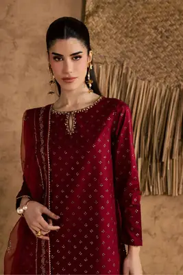 Stunning Embroidered Cotton Suit Set - 3 Pcs in Maroon