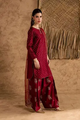 Stunning Embroidered Cotton Suit Set - 3 Pcs in Maroon thumbnail 2