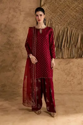 Stunning Embroidered Cotton Suit Set - 3 Pcs in Maroon thumbnail 4