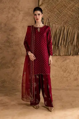 Stunning Embroidered Cotton Suit Set - 3 Pcs in Maroon thumbnail 5