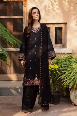 Stylish Black Cotton Embroidered Suit - 3 Pcs Set for Women