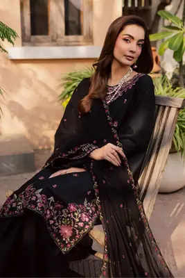 Stylish Black Cotton Embroidered Suit - 3 Pcs Set for Women thumbnail 2