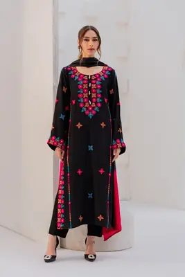 Black Embroidered Cotton Suit - 3 Pcs Set