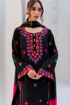 Black Embroidered Cotton Suit - 3 Pcs Set thumbnail 3