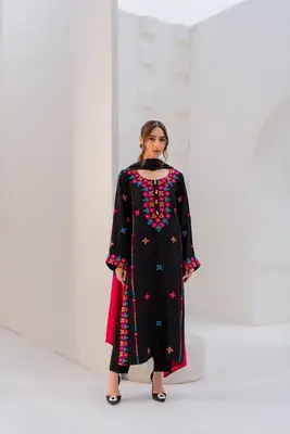 Black Embroidered Cotton Suit - 3 Pcs Set thumbnail 4