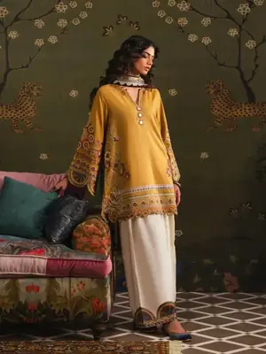 Stunning Mustard Suit with Embroidered Design - 3 Pcs Ensemble