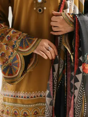 Stunning Mustard Suit with Embroidered Design - 3 Pcs Ensemble thumbnail 2