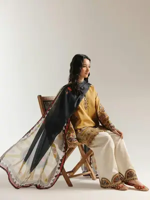 Stunning Mustard Suit with Embroidered Design - 3 Pcs Ensemble thumbnail 6