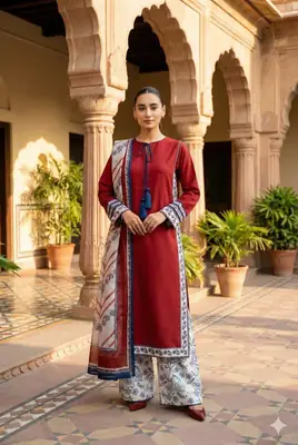 Stylish Women's Stitched Digital Printed Suit - 3 Pcs Set in Maroon