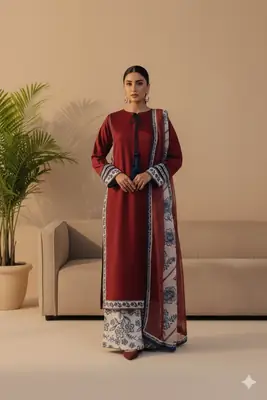 Stylish Women's Stitched Digital Printed Suit - 3 Pcs Set in Maroon thumbnail 2