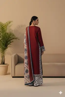 Stylish Women's Stitched Digital Printed Suit - 3 Pcs Set in Maroon thumbnail 3