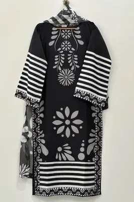 Stylish Women's Stitched Suit - 3 Pcs Digital Print Lawn Set in Black thumbnail 4