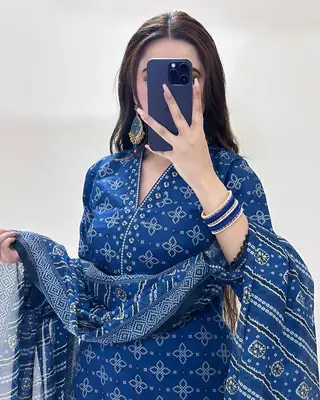 Stunning Women's Stitched Suit with Digital Print - 3 Pcs in Blue